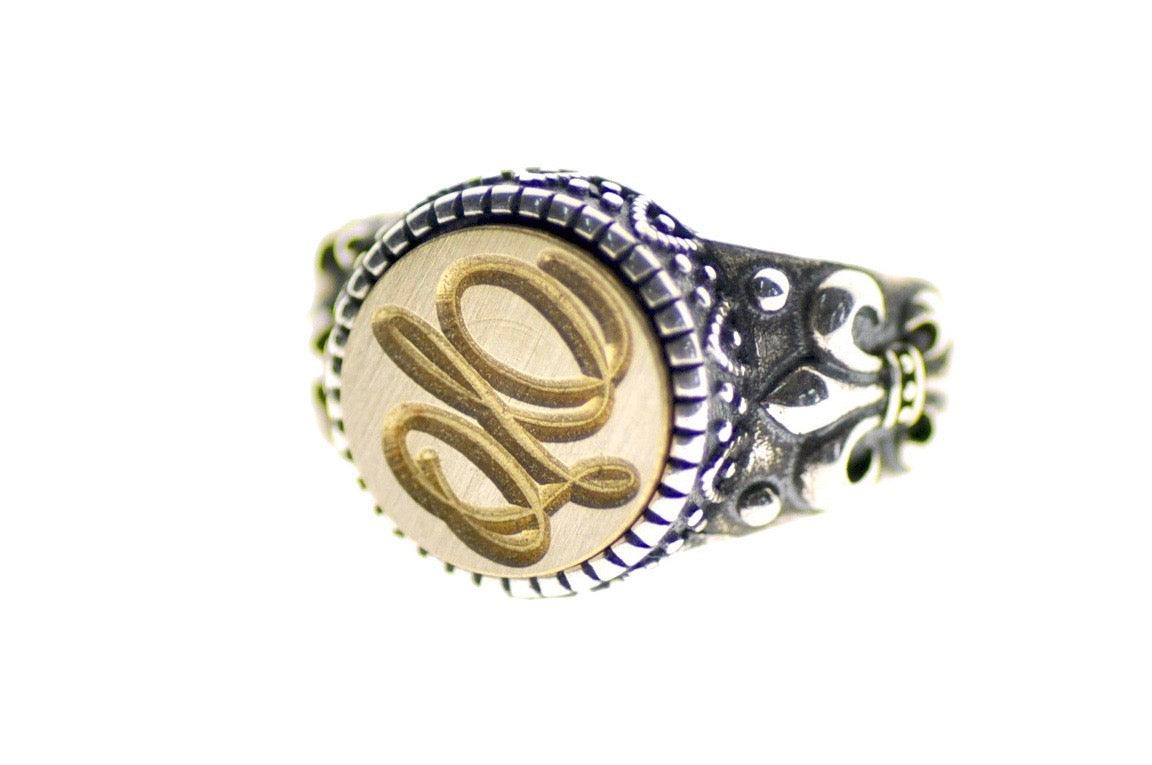 Suzanne Cunningham Calligraphy Initial Signet Ring - Backtozero B20 - 12f, 12mm, 12mm ring, 1initial, accessory, Calligraphy, Custom, custom ring, Fleur de Lis, him, Initial, jewelry, One Initial, Personalized, ring, signet ring, size 10, size 11, size 8, size 9, Suzanne Cunningham, wax seal, wax seal ring, wax seal stamp