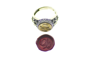 Suzanne Cunningham Calligraphy Initial Signet Ring - Backtozero B20 - 12f, 12mm, 12mm ring, 1initial, accessory, Calligraphy, Custom, custom ring, Fleur de Lis, him, Initial, jewelry, One Initial, Personalized, ring, signet ring, size 10, size 11, size 8, size 9, Suzanne Cunningham, wax seal, wax seal ring, wax seal stamp
