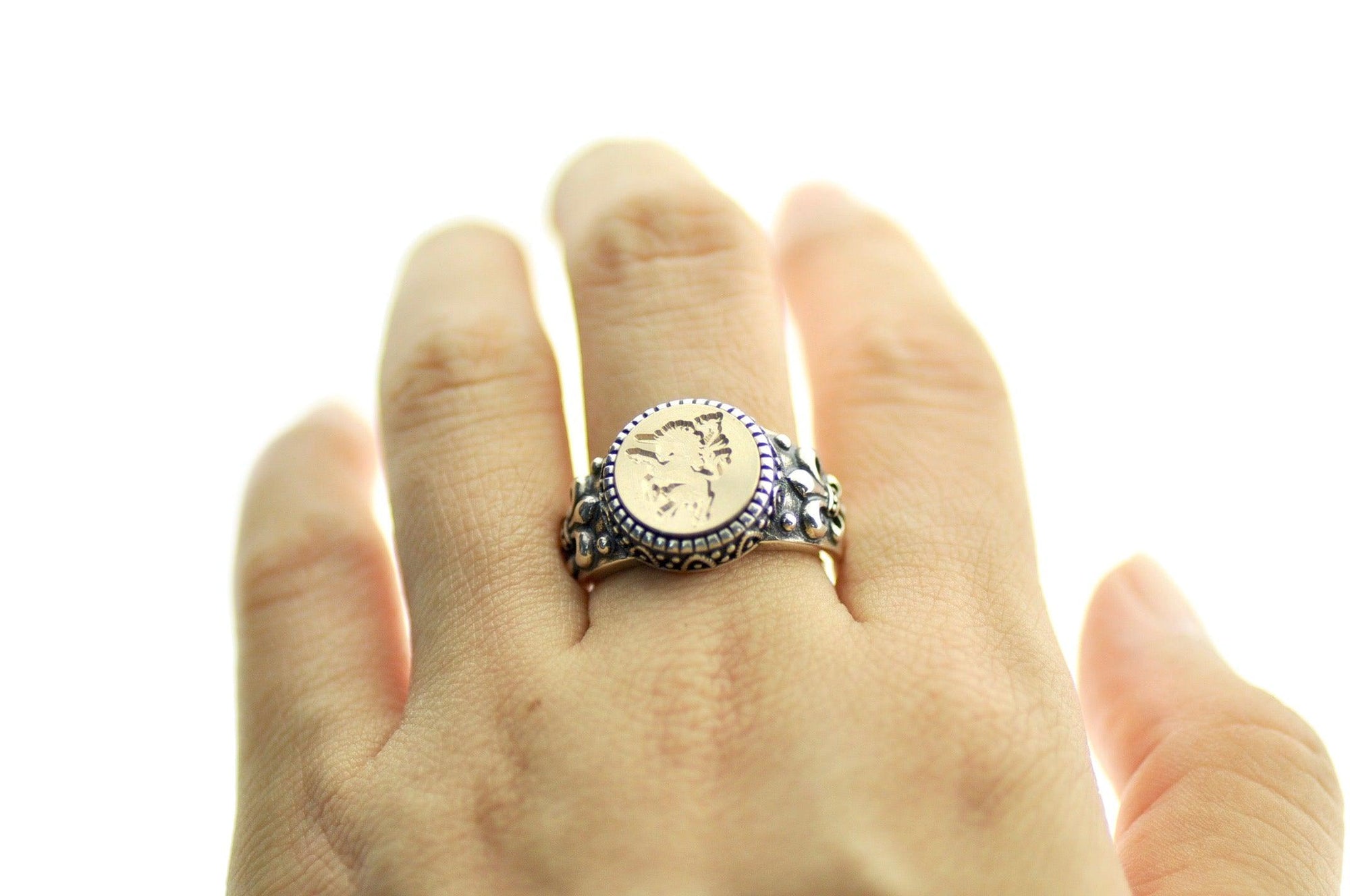 Unicorn Signet Ring - Backtozero B20 - 12f, 12mm, 12mm ring, accessory, Fleur de Lis, him, jewelry, Mythical Creatures, ring, signet ring, size 10, size 11, size 8, size 9, unicorn, wax seal, wax seal ring, wax seal stamp
