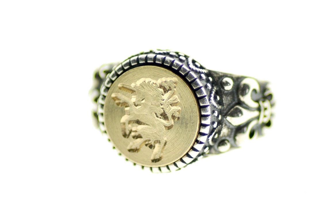 Unicorn Signet Ring - Backtozero B20 - 12f, 12mm, 12mm ring, accessory, Fleur de Lis, him, jewelry, Mythical Creatures, ring, signet ring, size 10, size 11, size 8, size 9, unicorn, wax seal, wax seal ring, wax seal stamp
