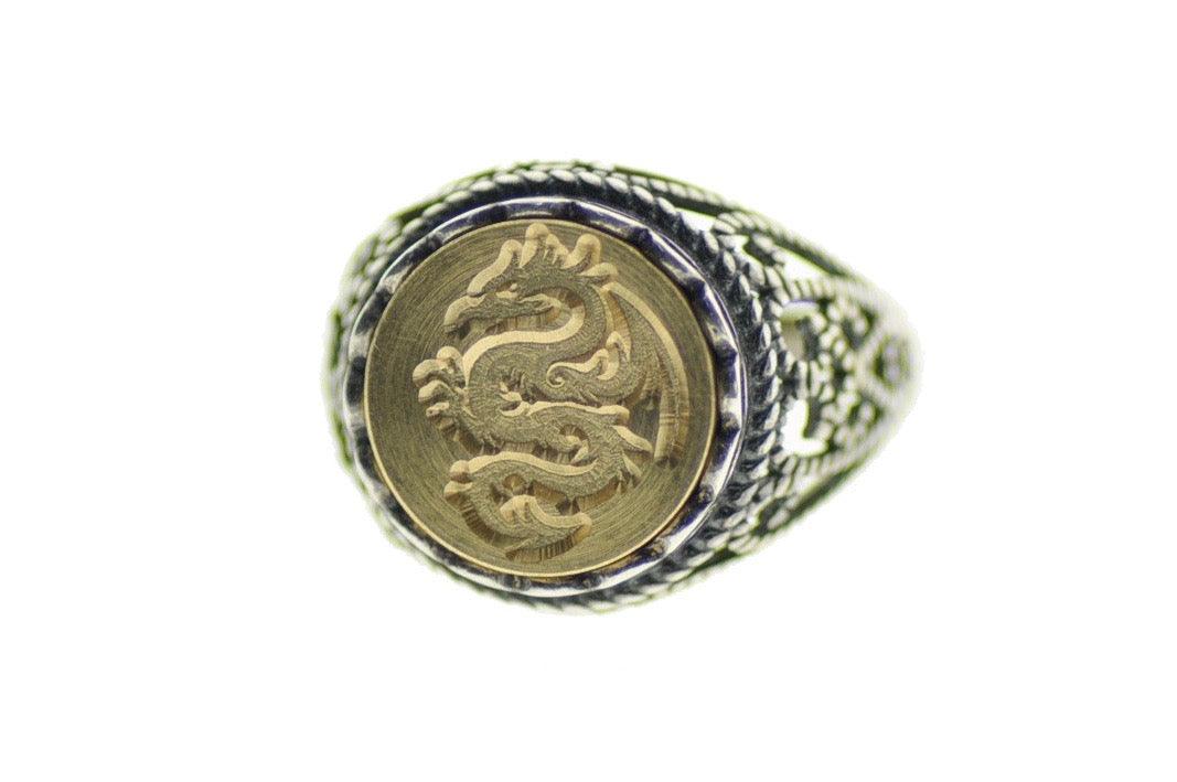 Dragon Signet Ring - Backtozero B20 - 12l, 12mm, 12mm ring, accessory, Dragon, Fleur de Lis, her, jewelry, lace, Mythical Creatures, ring, signet ring, size 10, size 7, size 8, size 9, wax seal, wax seal ring, wax seal stamp