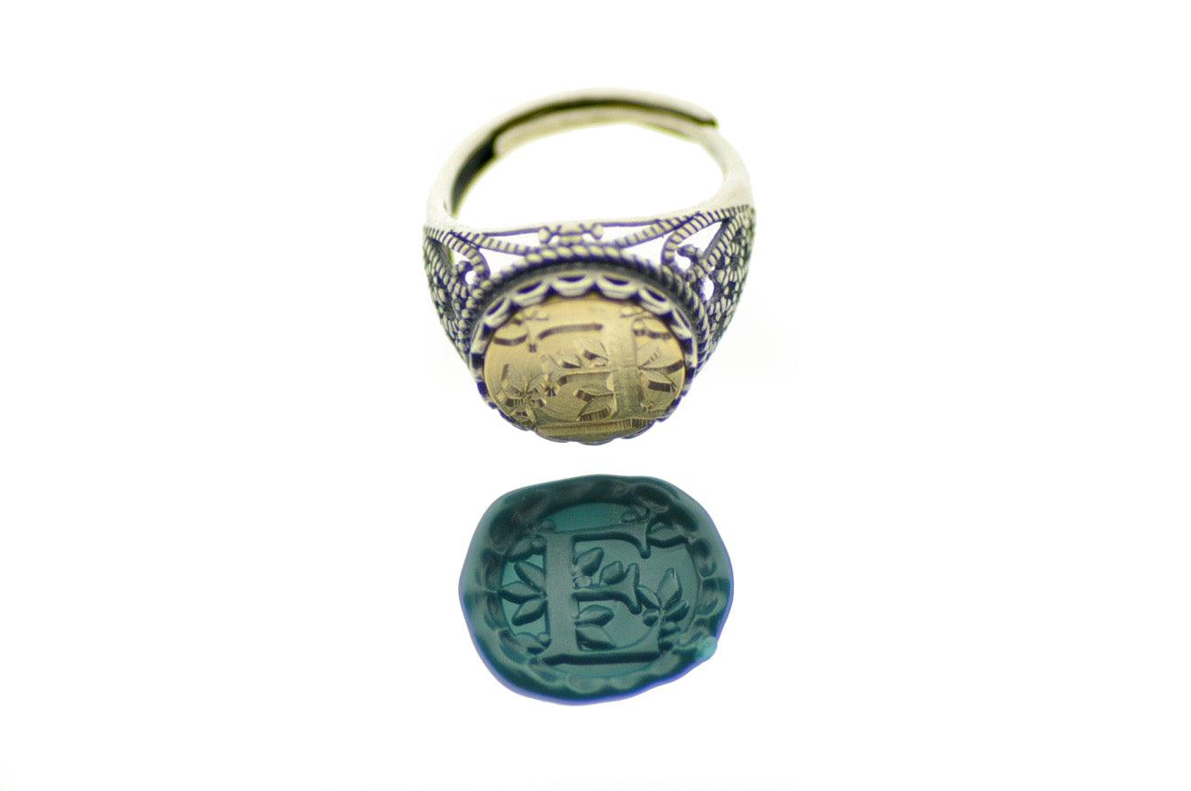 Leafy Initial Signet Ring - Backtozero B20 - 12l, 12mm, 12mm ring, 1initial, accessory, Botanical, Custom, custom ring, Fleur de Lis, her, Initial, jewelry, lace, Leaf, Nature, One Initial, Personalized, ring, signet ring, size 10, size 7, size 8, size 9, wax seal, wax seal ring, wax seal stamp, wreath