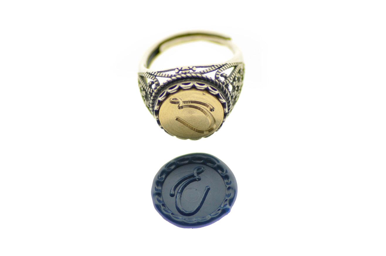 Linen & Leaf Modern Calligraphy Initial Signet Ring - Backtozero B20 - 1 initial, 12l, 12mm, 12mm ring, 1initial, accessory, Calligraphy, collaboration, fancy, her, initial ring, jewelry, lace, Monogram, One Initial, ring, signet ring, size 10, size 7, size 8, size 9, wax seal, wax seal stamp