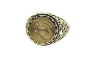Linen & Leaf Modern Calligraphy Initial Signet Ring - Backtozero B20 - 1 initial, 12l, 12mm, 12mm ring, 1initial, accessory, Calligraphy, collaboration, fancy, her, initial ring, jewelry, lace, Monogram, One Initial, ring, signet ring, size 10, size 7, size 8, size 9, wax seal, wax seal stamp
