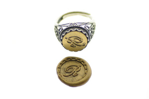 Script Initial Signet Ring - Backtozero B20 - 12l, 12mm, 12mm ring, 1initial, Custom, custom ring, her, Initial, lace, One Initial, Personalized, ring, signet ring, size 10, size 7, size 8, size 9, wax seal, wax seal ring