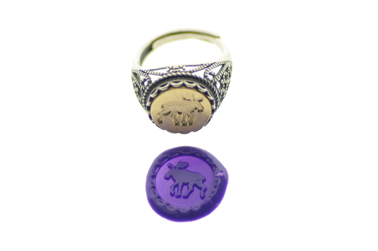 Moose Signet Ring - Backtozero B20 - 12l, 12mm, 12mm ring, accessory, Animal, Fleur de Lis, her, jewelry, lace, Moose, ring, signet ring, size 10, size 7, size 8, size 9, wax seal, wax seal ring, wax seal stamp, Woodland Animal