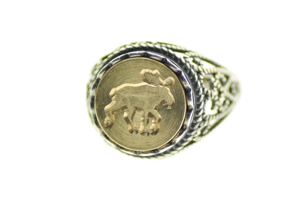 Moose Signet Ring - Backtozero B20 - 12l, 12mm, 12mm ring, accessory, Animal, Fleur de Lis, her, jewelry, lace, Moose, ring, signet ring, size 10, size 7, size 8, size 9, wax seal, wax seal ring, wax seal stamp, Woodland Animal