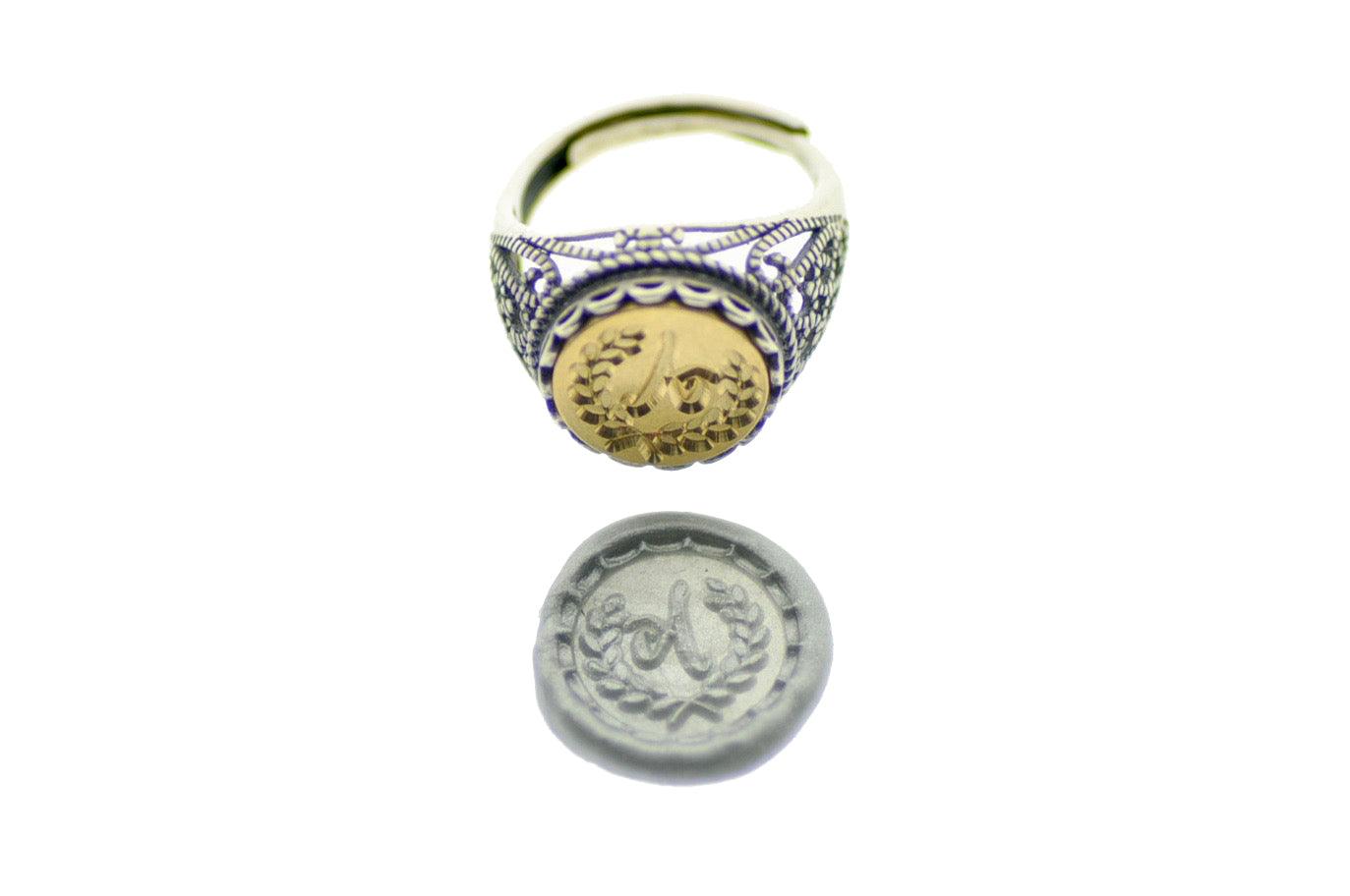 Laurel Wreath Initial Signet Ring - Backtozero B20 - 12l, 12mm, 12mm ring, 1initial, Custom, custom ring, her, Initial, lace, One Initial, Personalized, ring, signet ring, size 10, size 7, size 8, size 9, wax seal, wax seal ring, wreath