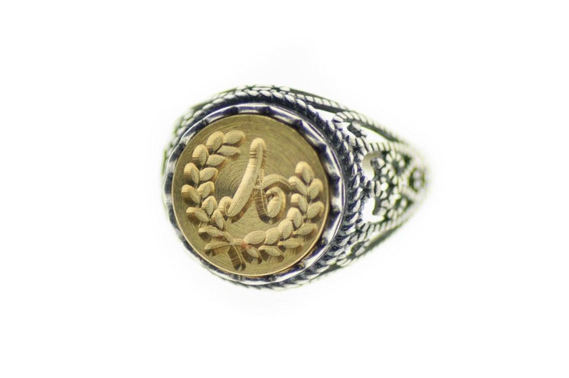 Laurel Wreath Initial Signet Ring - Backtozero B20 - 12l, 12mm, 12mm ring, 1initial, Custom, custom ring, her, Initial, lace, One Initial, Personalized, ring, signet ring, size 10, size 7, size 8, size 9, wax seal, wax seal ring, wreath