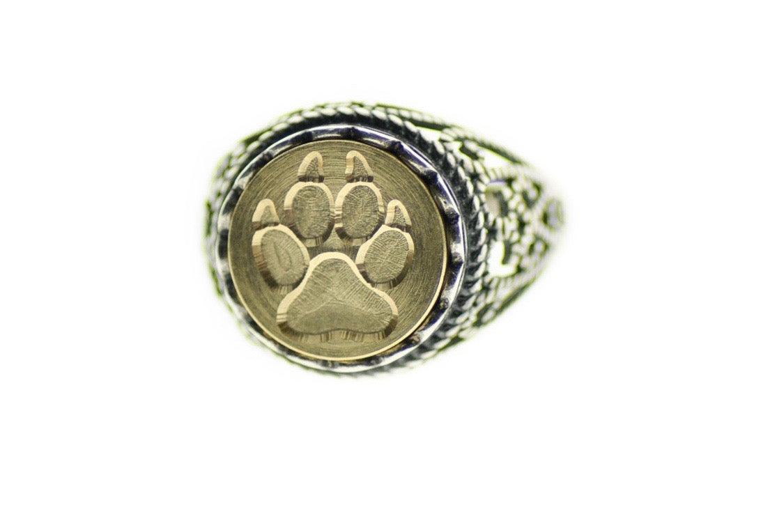 Paw Signet Ring - Backtozero B20 - 12l, 12mm, 12mm ring, accessory, Animal, Fleur de Lis, her, jewelry, lace, paw, paw print, ring, signet ring, size 10, size 7, size 8, size 9, wax seal, wax seal ring, wax seal stamp