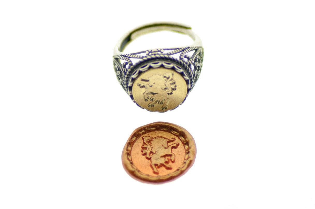 Unicorn Signet Ring - Backtozero B20 - 12l, 12mm, 12mm ring, accessory, her, jewelry, Mythical Creatures, ring, signet ring, size 10, size 7, size 8, size 9, unicorn, wax seal, wax seal ring, wax seal stamp