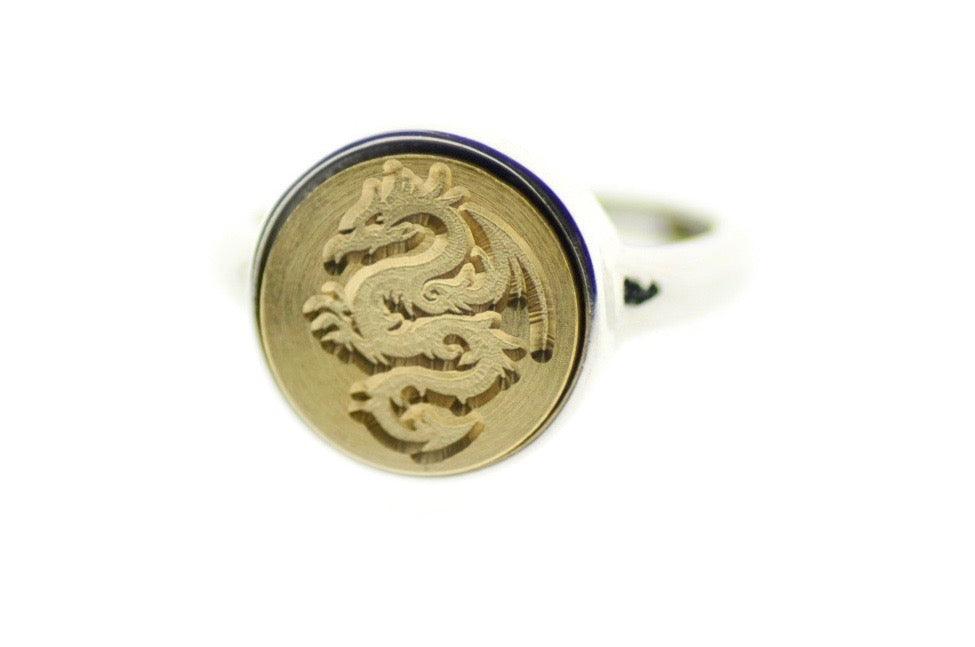 Dragon Signet Ring - Backtozero B20 - 12mm, 12mm ring, 12mn, accessory, Dragon, Fleur de Lis, her, jewelry, Mythical Creatures, ring, signet ring, wax seal, wax seal ring, wax seal stamp