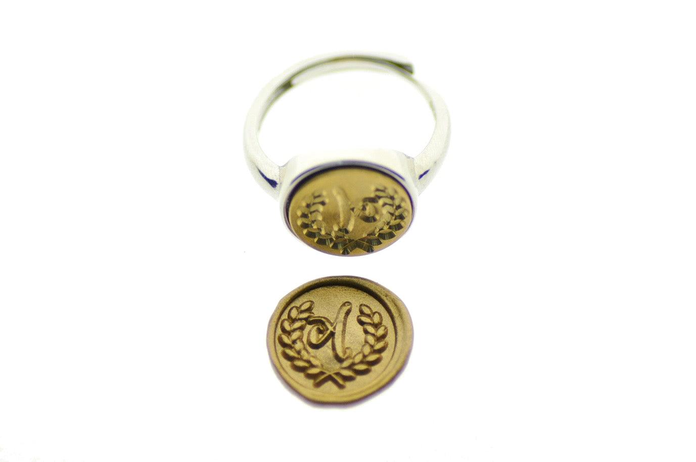 Laurel Wreath Initial Signet Ring - Backtozero B20 - 12m, 12mm, 12mm ring, 1initial, Custom, custom ring, her, Initial, One Initial, Personalized, ring, signet ring, size 7, size 8, wax seal, wax seal ring, wreath