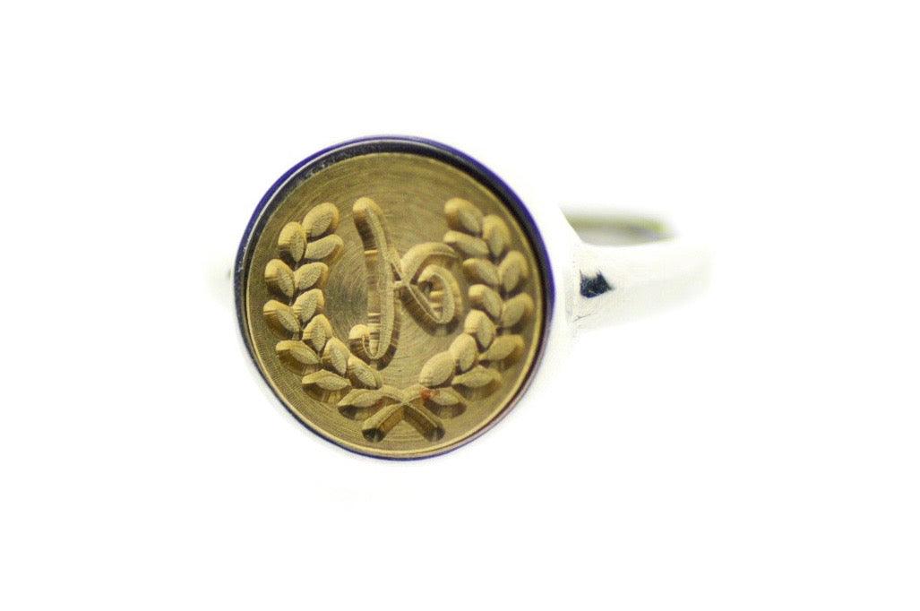 Laurel Wreath Initial Signet Ring - Backtozero B20 - 12m, 12mm, 12mm ring, 1initial, Custom, custom ring, her, Initial, One Initial, Personalized, ring, signet ring, size 7, size 8, wax seal, wax seal ring, wreath