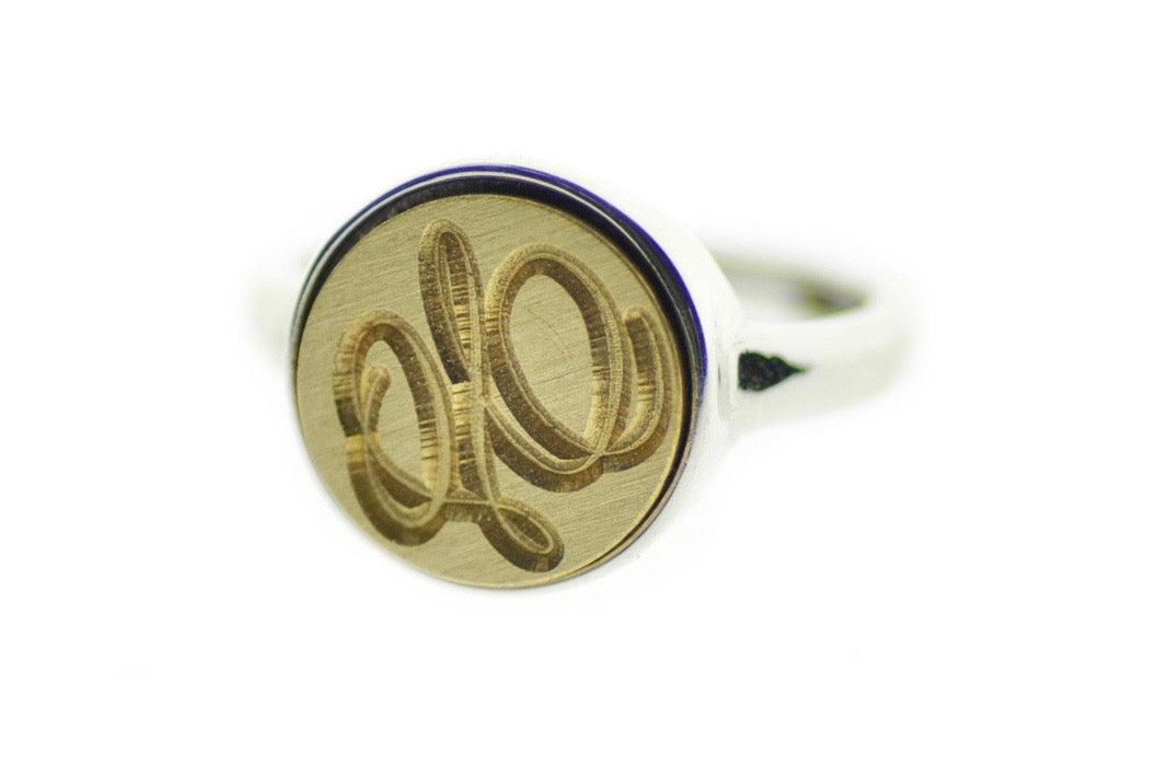 Suzanne Cunningham Calligraphy Initial Signet Ring - Backtozero B20 - 12m, 12mm, 12mm ring, 12mn, 1initial, Calligraphy, Custom, custom ring, her, Initial, One Initial, Personalized, ring, signet ring, size 7, size 8, Suzanne Cunningham, wax seal, wax seal ring
