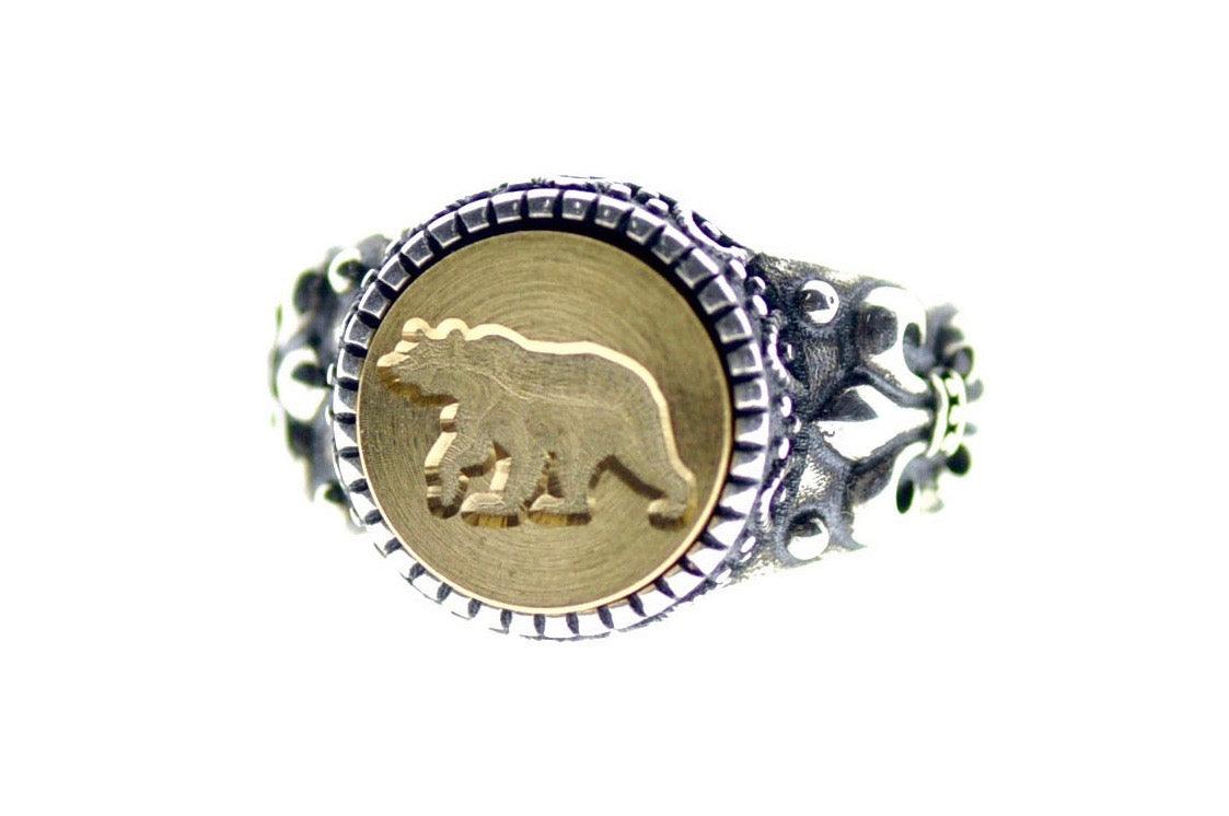 Bear Signet Ring - Backtozero B20 - 12f, 12mm, 12mm ring, accessory, Animal, Bear, Fleur de Lis, Grizzly Bear, him, jewelry, ring, signet ring, size 10, size 11, size 8, size 9, wax seal, wax seal ring, wax seal stamp