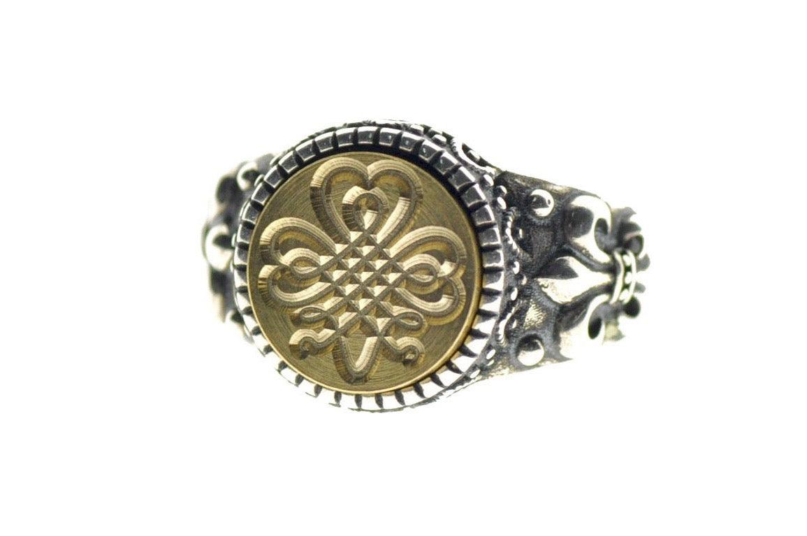 Shamrock Signet Ring - Backtozero B20 - 12f, 12mm, 12mm ring, accessory, Clover, Fleur de Lis, him, jewelry, luck, Lucky, ring, signet ring, size 10, size 11, size 8, size 9, wax seal, wax seal ring, wax seal stamp