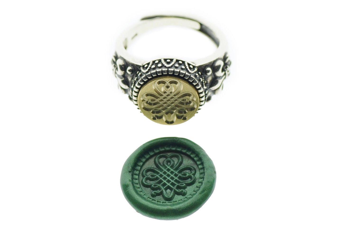 Shamrock Signet Ring - Backtozero B20 - 12f, 12mm, 12mm ring, accessory, Clover, Fleur de Lis, him, jewelry, luck, Lucky, ring, signet ring, size 10, size 11, size 8, size 9, wax seal, wax seal ring, wax seal stamp