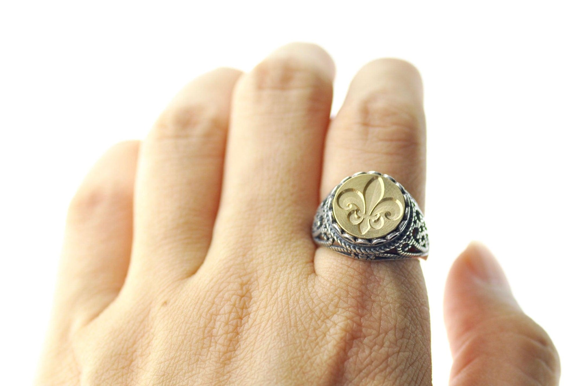 Fleur De Lis Signet Ring - Backtozero B20 - 12l, 12mm, 12mm ring, Fleur de Lis, her, lace, ring, signet ring, size 10, size 7, size 8, size 9, wax seal, wax seal ring