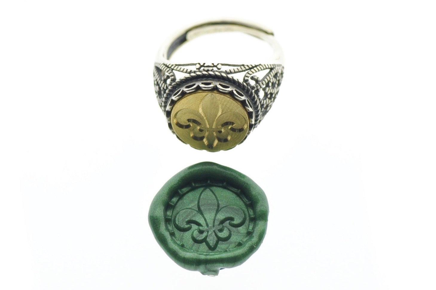 Fleur De Lis Signet Ring - Backtozero B20 - 12l, 12mm, 12mm ring, Fleur de Lis, her, lace, ring, signet ring, size 10, size 7, size 8, size 9, wax seal, wax seal ring