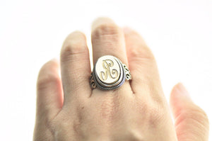 Calligraphy Initial Signet Ring - Backtozero B20 - 1 initial, 1216f, 12x16mm, 12x16mm ring, 1initial, accessory, bespoke, Custom, her, him, Initial, jewelry, Letter, One Initial, oval, oval ring, ring, signet ring, size 10, size 11, size 6, size 7, size 8, size 9, wax seal, wax seal stamp