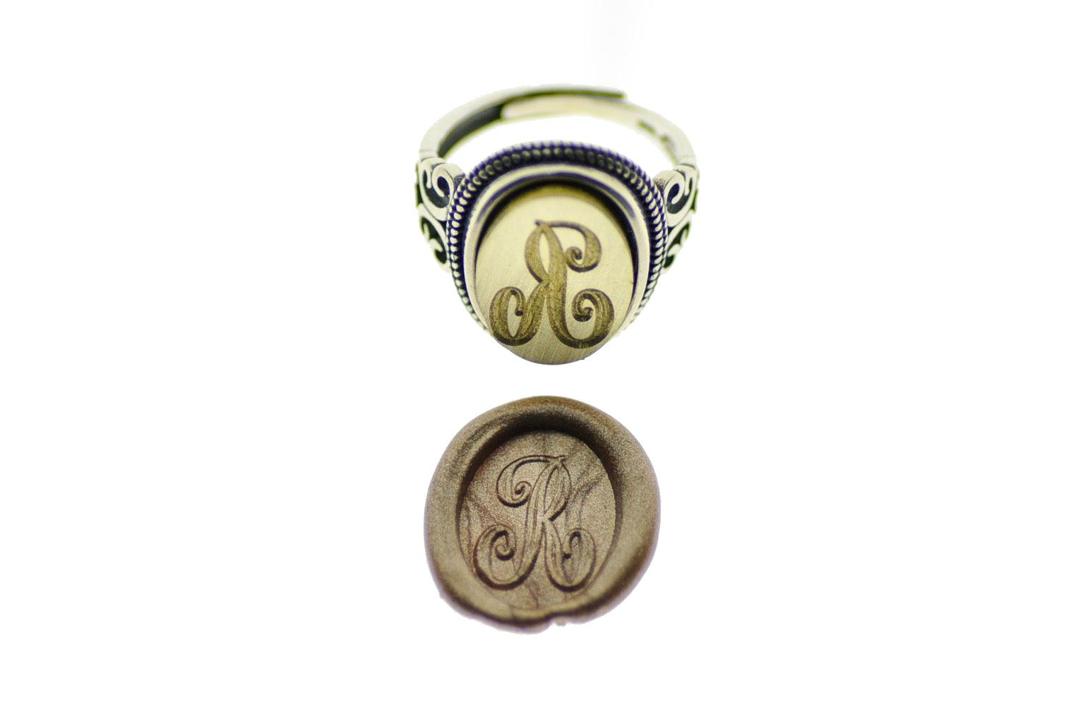 Calligraphy Initial Signet Ring - Backtozero B20 - 1 initial, 1216f, 12x16mm, 12x16mm ring, 1initial, accessory, bespoke, Custom, her, him, Initial, jewelry, Letter, One Initial, oval, oval ring, ring, signet ring, size 10, size 11, size 6, size 7, size 8, size 9, wax seal, wax seal stamp