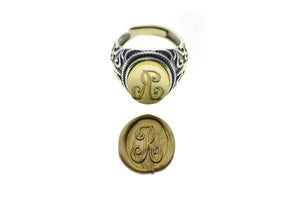 Calligraphy Initial Signet Ring - Backtozero B20 - 1 initial, 1216fleur, 12x16mm, 12x16mm ring, 1initial, accessory, bespoke, Custom, him, Initial, jewelry, Letter, One Initial, oval, oval ring, ring, signet ring, size 10, size 11, size 6, size 7, size 8, size 9, wax seal, wax seal stamp