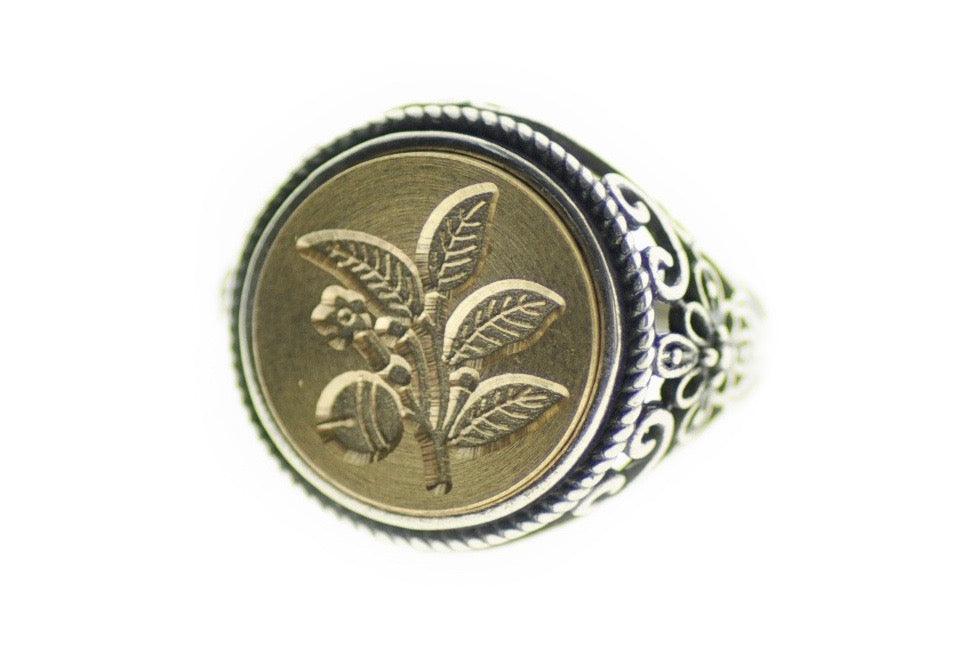 Japanese Kamon Sakaki Bell Signet Ring - Backtozero B20 - 14f, 14mm, 14mm ring, accessory, fancy, her, Japanese, japanese family crest, jewelry, Kamon, ring, signet ring, size 10, size 5, size 6, size 7, size 8, size 9, wax seal, wax seal stamp