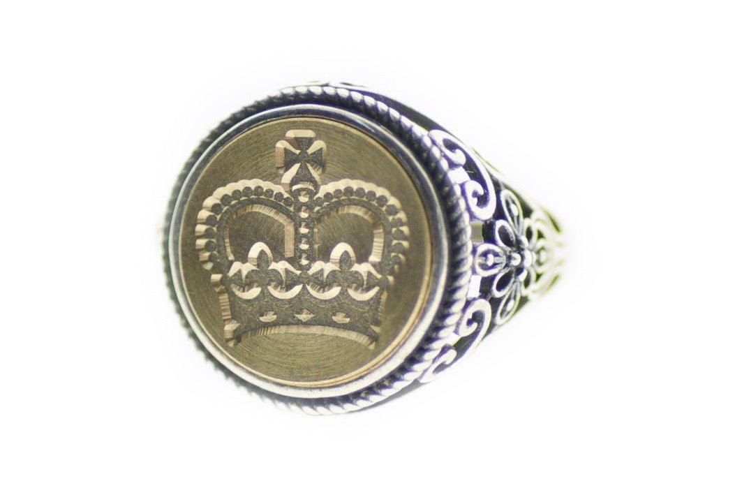 Royal Crown Signet Ring - Backtozero B20 - 14f, 14mm, 14mm ring, accessory, Crown, fancy, her, jewelry, ring, Royal, signet ring, size 10, size 5, size 6, size 7, size 8, size 9, wax seal, wax seal stamp