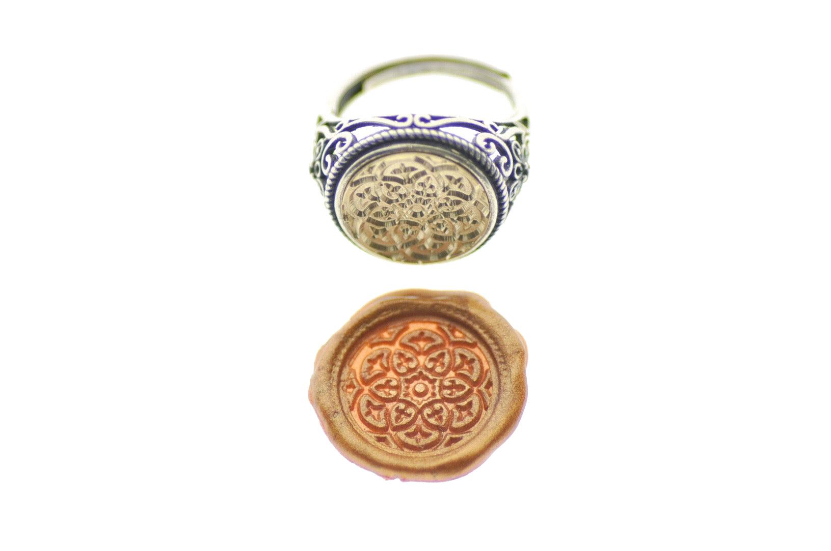 Damask Kaleidoscope Signet Ring - Backtozero B20 - 14f, 14mm, 14mm ring, accessory, Damask, Deco, Decorative, fancy, her, jewelry, ring, signet ring, size 10, size 5, size 6, size 7, size 8, size 9, wax seal, wax seal stamp