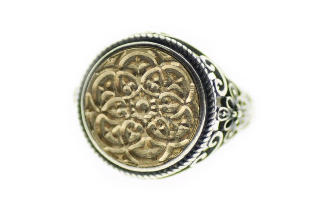Damask Kaleidoscope Signet Ring - Backtozero B20 - 14f, 14mm, 14mm ring, accessory, Damask, Deco, Decorative, fancy, her, jewelry, ring, signet ring, size 10, size 5, size 6, size 7, size 8, size 9, wax seal, wax seal stamp