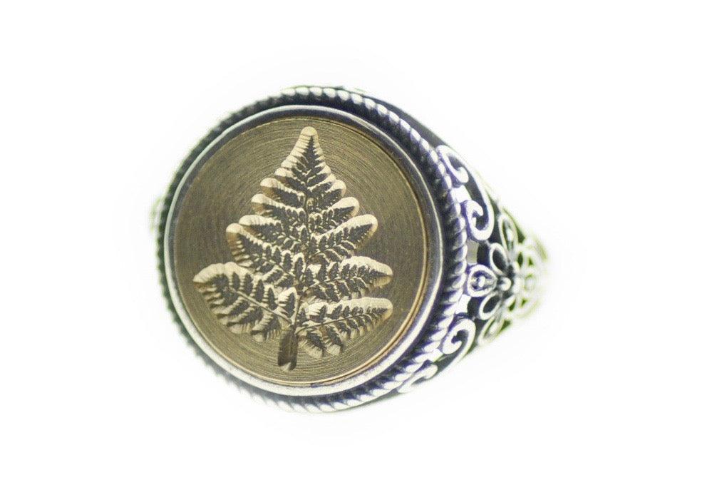 Fern Signet Ring - Backtozero B20 - 14f, 14mm, 14mm ring, accessory, Botanical, fancy, fern, her, jewelry, Leaf, Leafs, Leaves, Nature, Plant, ring, signet ring, size 10, size 5, size 6, size 7, size 8, size 9, wax seal, wax seal stamp