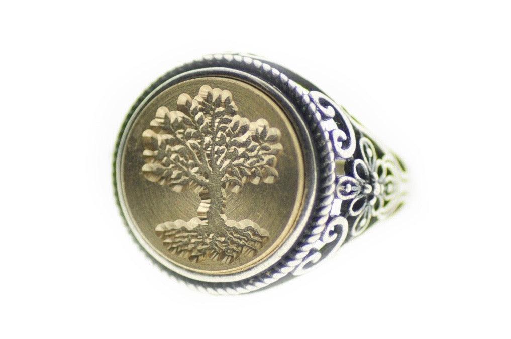 Tree of Life Signet Ring - Backtozero B20 - 14f, 14mm, 14mm ring, accessory, Botanical, fancy, her, jewelry, Nature, Plant, ring, signet ring, size 10, size 5, size 6, size 7, size 8, size 9, Tree, wax seal, wax seal stamp