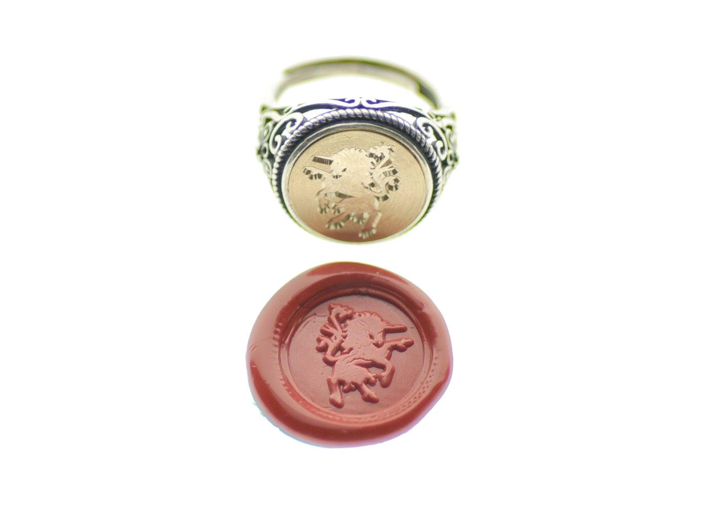 Unicorn Signet Ring - Backtozero B20 - 14f, 14mm, 14mm ring, accessory, fancy, her, jewelry, Mythical Creatures, ring, signet ring, size 10, size 5, size 6, size 7, size 8, size 9, unicorn, wax seal, wax seal stamp