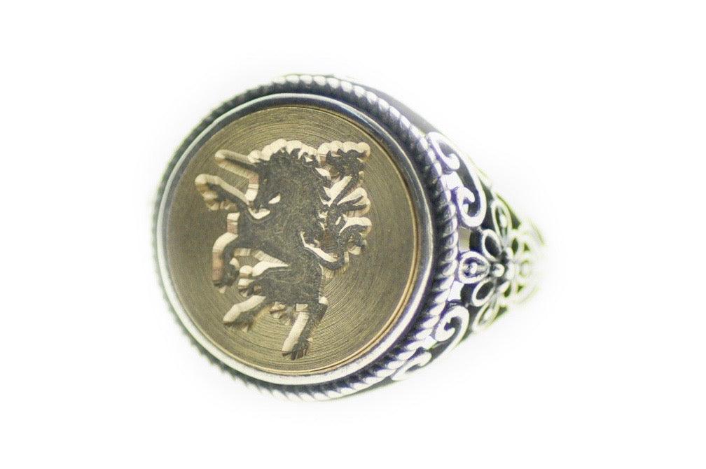 Unicorn Signet Ring - Backtozero B20 - 14f, 14mm, 14mm ring, accessory, fancy, her, jewelry, Mythical Creatures, ring, signet ring, size 10, size 5, size 6, size 7, size 8, size 9, unicorn, wax seal, wax seal stamp
