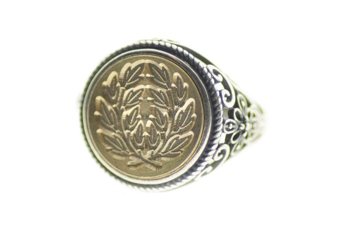Japanese Kamon Laurel Wreath Signet Ring - Backtozero B20 - 14f, 14mm, 14mm ring, accessory, fancy, her, Japanese, japanese family crest, jewelry, Kamon, Laurel Wreath, ring, signet ring, size 10, size 5, size 6, size 7, size 8, size 9, wax seal, wax seal stamp, wreath