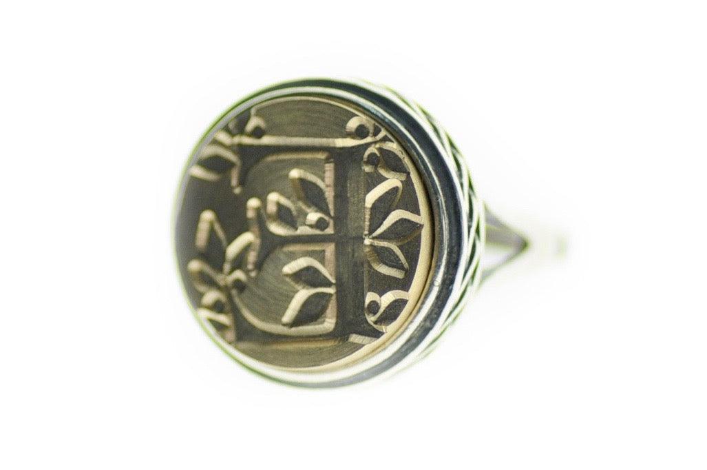 Leafy Initial Signet Ring - Backtozero B20 - 1 initial, 15c, 15mm, 15mm ring, 1initial, accessory, Botanical, Compass, her, Initial, initial ring, jewelry, Leaf, Letter, Nature, One Initial, ring, signet ring, size 10, size 5, size 6, size 7, size 8, size 9, wax seal, wax seal stamp