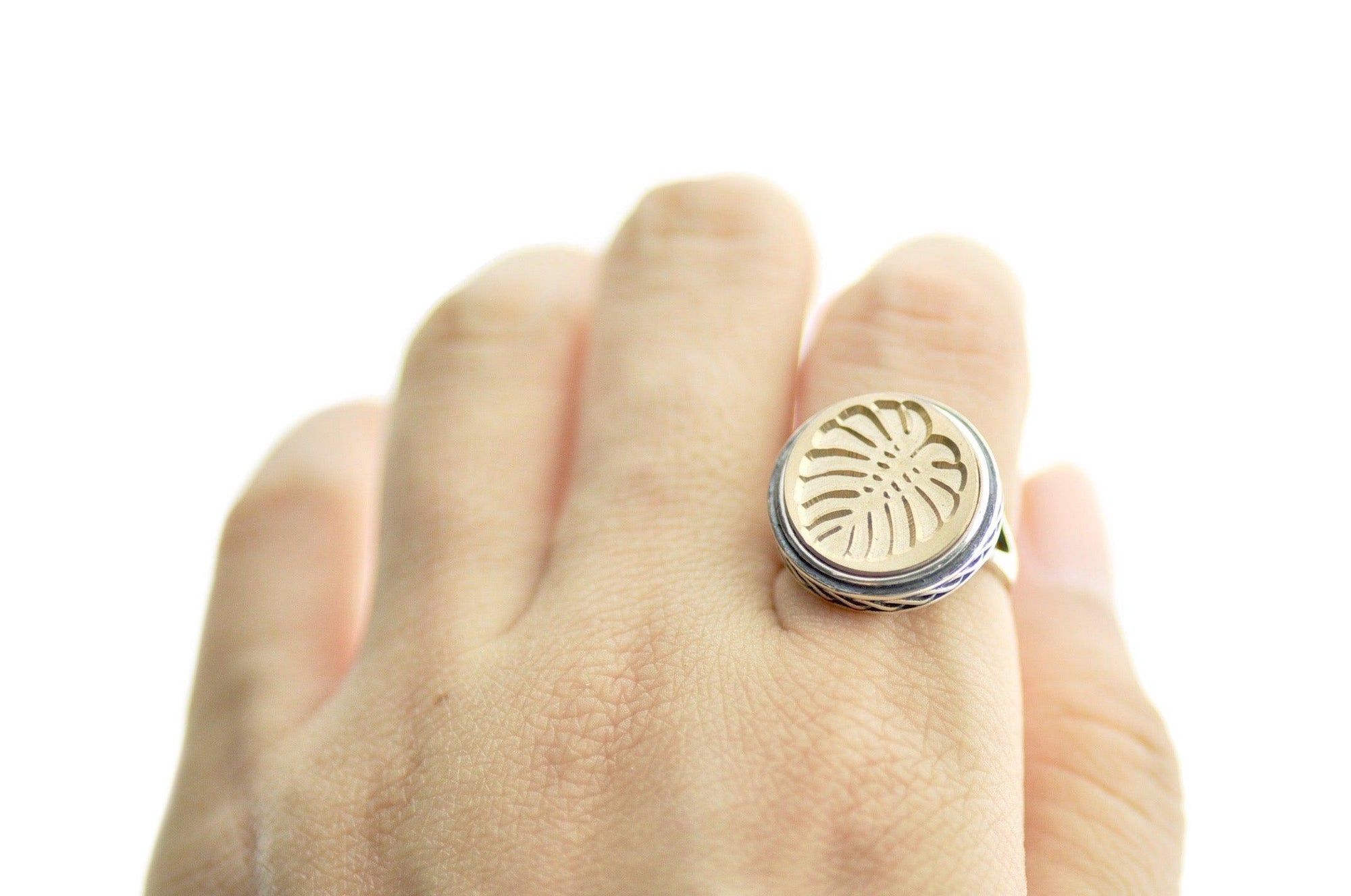 Monstera Signet Ring - Backtozero B20 - 15c, 15mm, 15mm ring, accessory, Botanical, her, jewelry, Leaf, monstera, Nature, Plant, ring, signet ring, size 10, size 5, size 6, size 7, size 8, size 9, wax seal, wax seal stamp