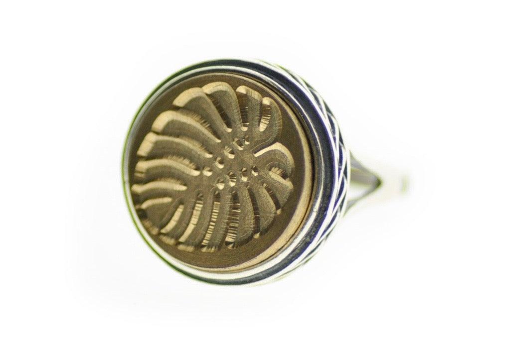 Monstera Signet Ring - Backtozero B20 - 15c, 15mm, 15mm ring, accessory, Botanical, her, jewelry, Leaf, monstera, Nature, Plant, ring, signet ring, size 10, size 5, size 6, size 7, size 8, size 9, wax seal, wax seal stamp