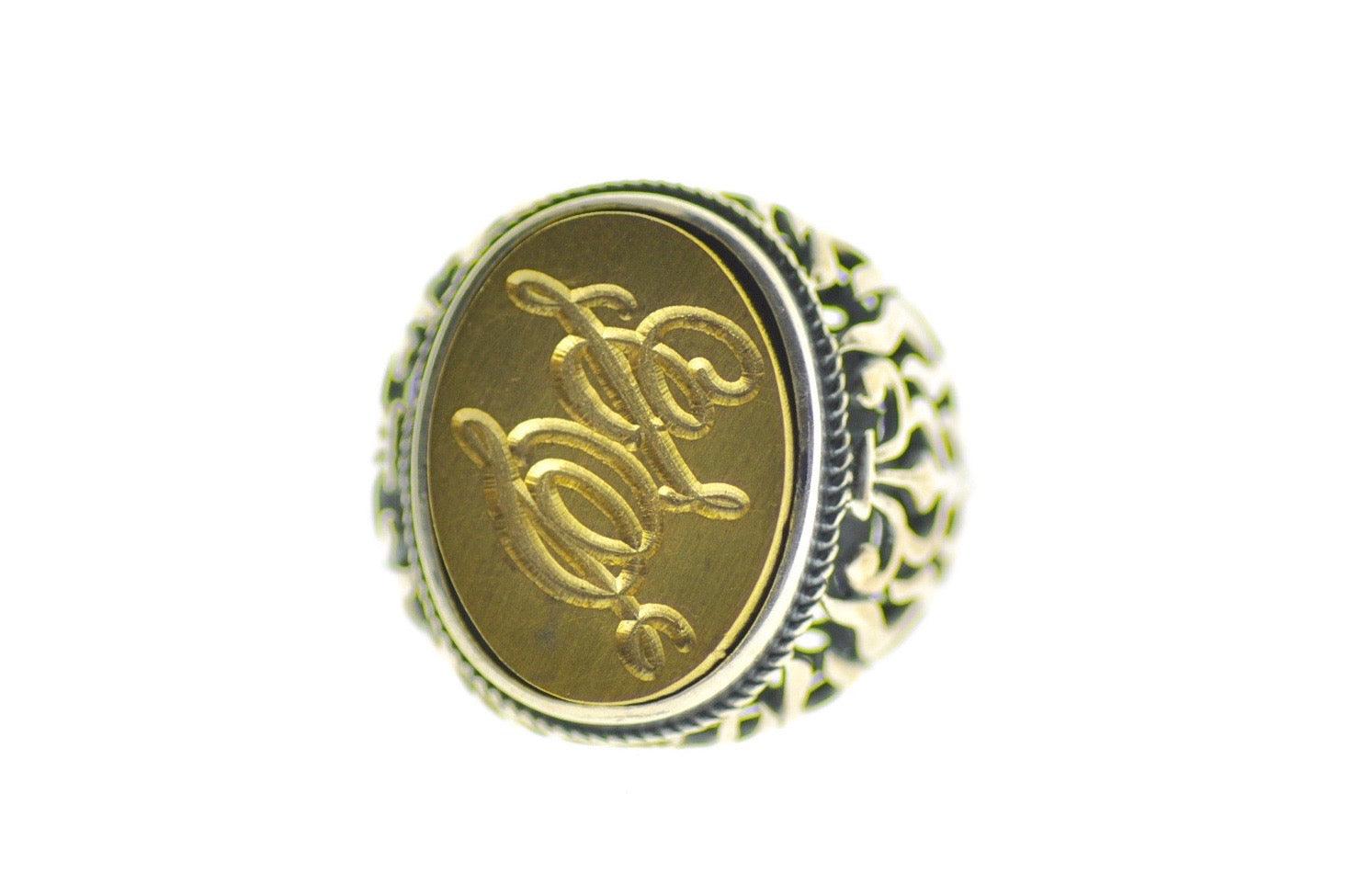 Calligraphy Double Initials Signet Ring - Backtozero B20 - 1520f, 15x20mm, 2 initials, 2initials_no_and, accessory, bespoke, Custom, custom ring, Double Initials, genericlonghandle, him, initial ring, jewelry, Monogram, oval, oval ring, Personalized, ring, signet ring, size 10, size 11, size 9, Two initials, wax seal, wax seal ring
