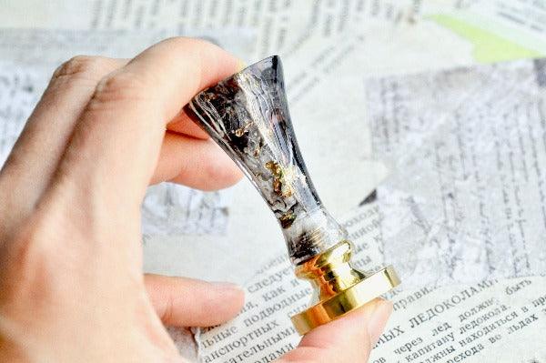 OOAK Resin Wax Seal Handle | Black & White with Gold Foil - Backtozero B20 - black, clear, gold foil, handle, new, newarrivals, one of a kind, OOAK, resin, transparent, White