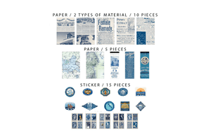 Retro Inspired Material Pack C | Blue - Backtozero B20 - blue, collage, collage material, journalling, material package, paper, scrapbooking, sticker