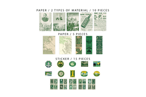 Retro Inspired Material Pack D | Green - Backtozero B20 - collage, collage material, Green, journalling, material package, paper, scrapbooking, sticker