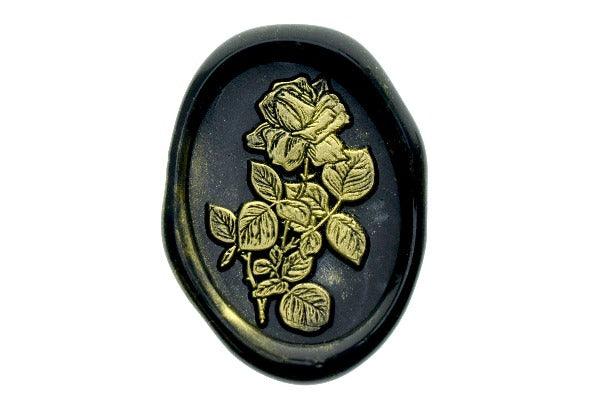 Rose with Leaves Wax Seal Stamp - Backtozero B20 - black, botanic, Botanical, Flower, gold, gold dust, gold powder, Leaf, Leafs, Leaves, Nature, oval, rose, Signature, signaturehandle