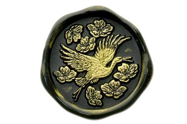 Crane with Sakura Wax Seal Stamp - Backtozero B20 - black, blossom, cherry blossom, crane, Flower, flowers, gold, gold dust, gold powder, newarrivals, sakura, Signature, signaturehandle