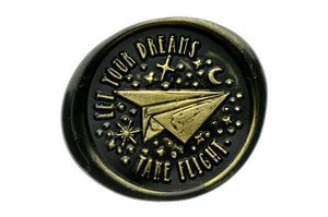 Let Your Dreams Take Flight Wax Seal Stamp - Backtozero B20 - black, gold, gold dust, gold powder, message, Origami, paper boat, paper plane, plane, Signature, signaturehandle, star, stars, words