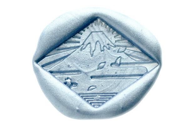 Wabisabi Mt Fuji with Sun Wax Seal Stamp Designed by Vintage Paper Garden - Backtozero B20 - collaboration, Diamond, fuji, japan, Japanese, Metallic, Metallic Gray Blue, metallic grey blue, mountain, petal, sakura, signaturehandle, sun, sunlight, water, waves