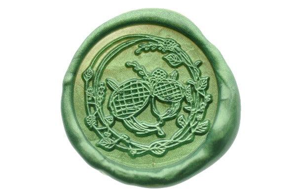 Autumn Acorns Wax Seal Stamp Designed by Petra - Backtozero B20 - acorn, botanic, Botanical, collaboration, Green, metallic, Metallic Green, Nature, Signature, signaturehandle, wreath