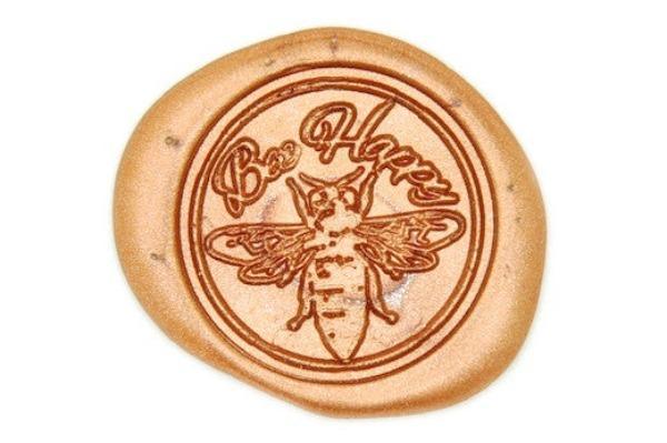 Bee Happy Wax Seal Stamp - Backtozero B20 - Be Happy, Bee, Copper Gold, genericlonghandle, Happy, Insects, Message