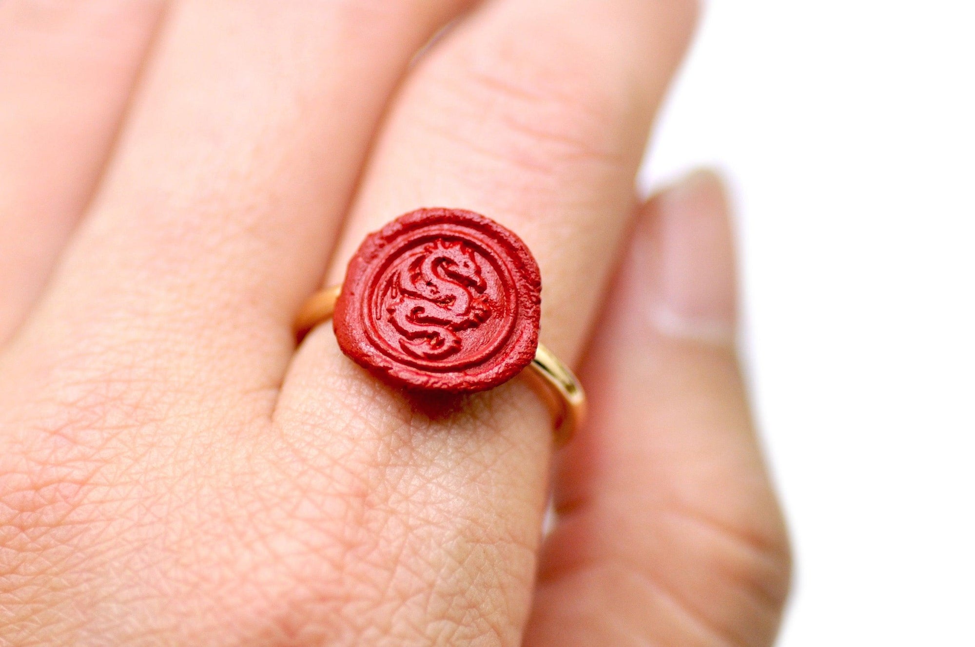 OOAK Dragon Wax Seal Ring - Backtozero B20 - Dragon, Handmade, Mythical Creatures, OOAK, Red, ring, Rose Red, size 7